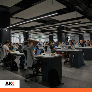 Duże nowoczesne biuro open space z pracownikami przy laptopach – szkolenie Przegląd podatkowy 2026 Krynica Zdrój