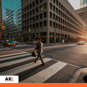 Mężczyzna w garniturze z teczką przechodzi przez przejście dla pieszych w centrum miasta – szkolenie Przegląd podatkowy 2026 Zakopane